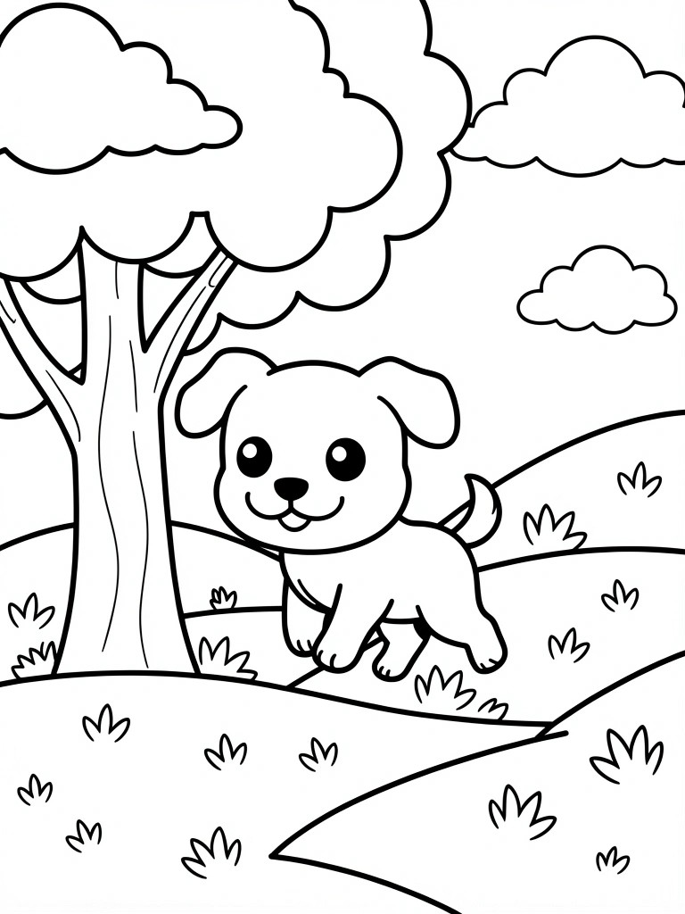 A black and white line drawing of a cute dog next to a tree on hills with clouds and grass.