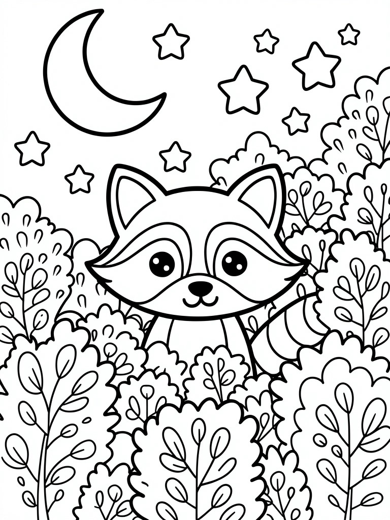 A black and white line drawing of a raccoon surrounded by bushes under a crescent moon and stars.