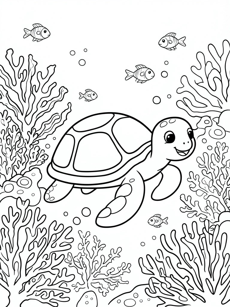 A black and white line drawing of a smiling sea turtle swimming among coral, fish, and bubbles.