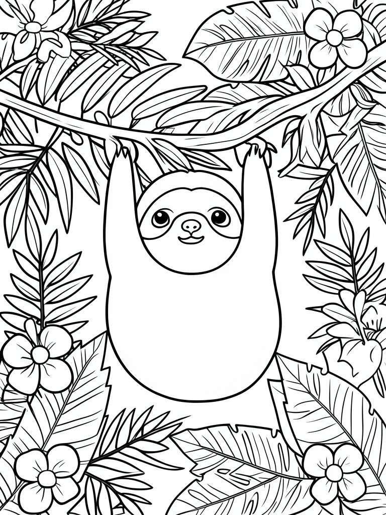 A black and white coloring page shows a cartoon sloth hanging from a branch with leaves and flowers around it.