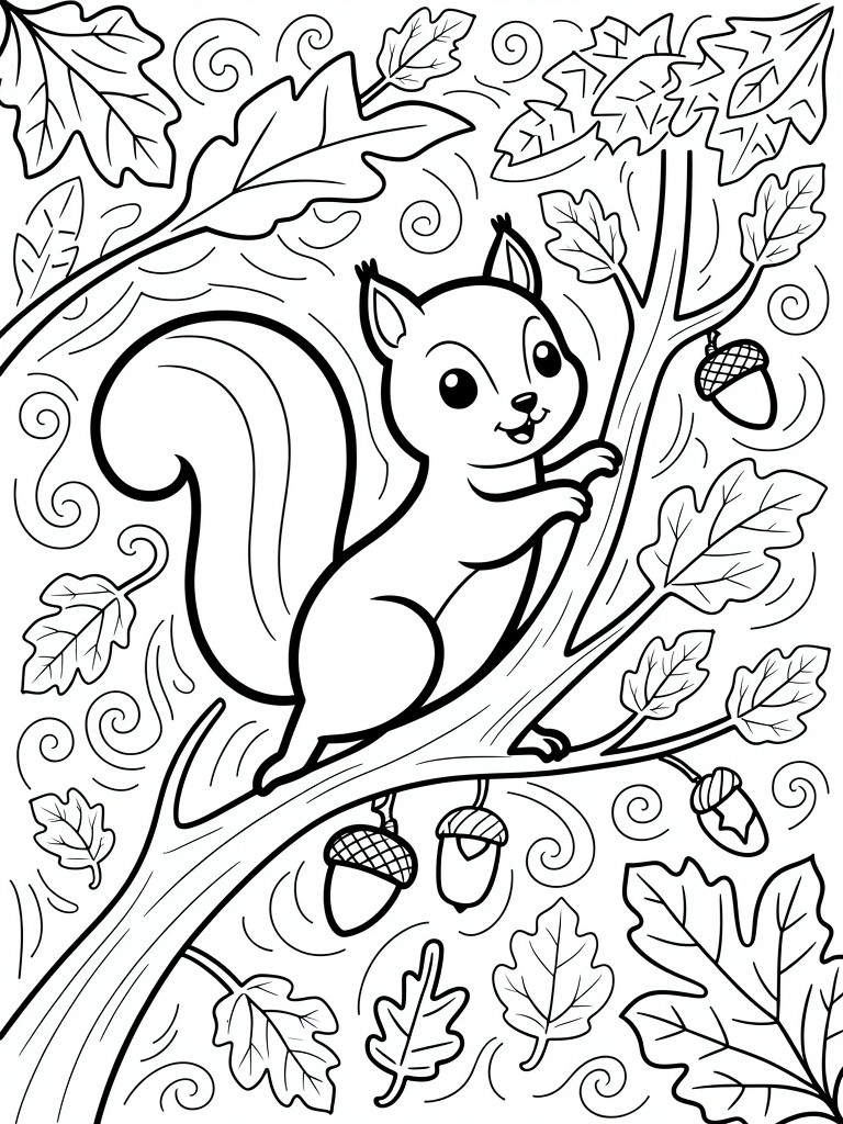 Cartoon squirrel on tree branch with acorns and swirling leaves