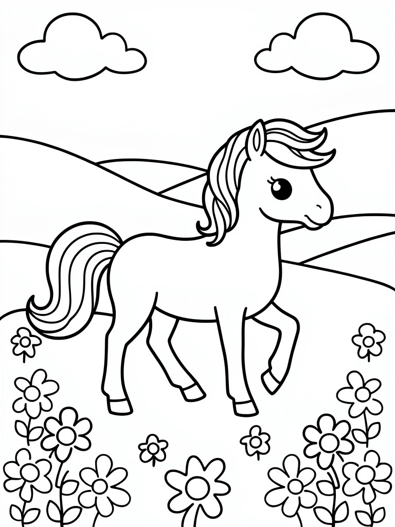 Cartoon line drawing of a unicorn in a meadow with flowers and clouds.