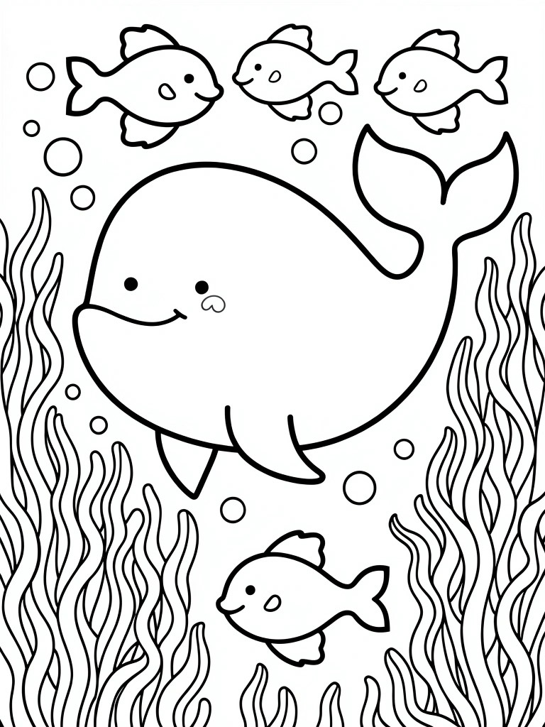 Coloring page of large whale with fish, bubbles, and seaweed underwater.