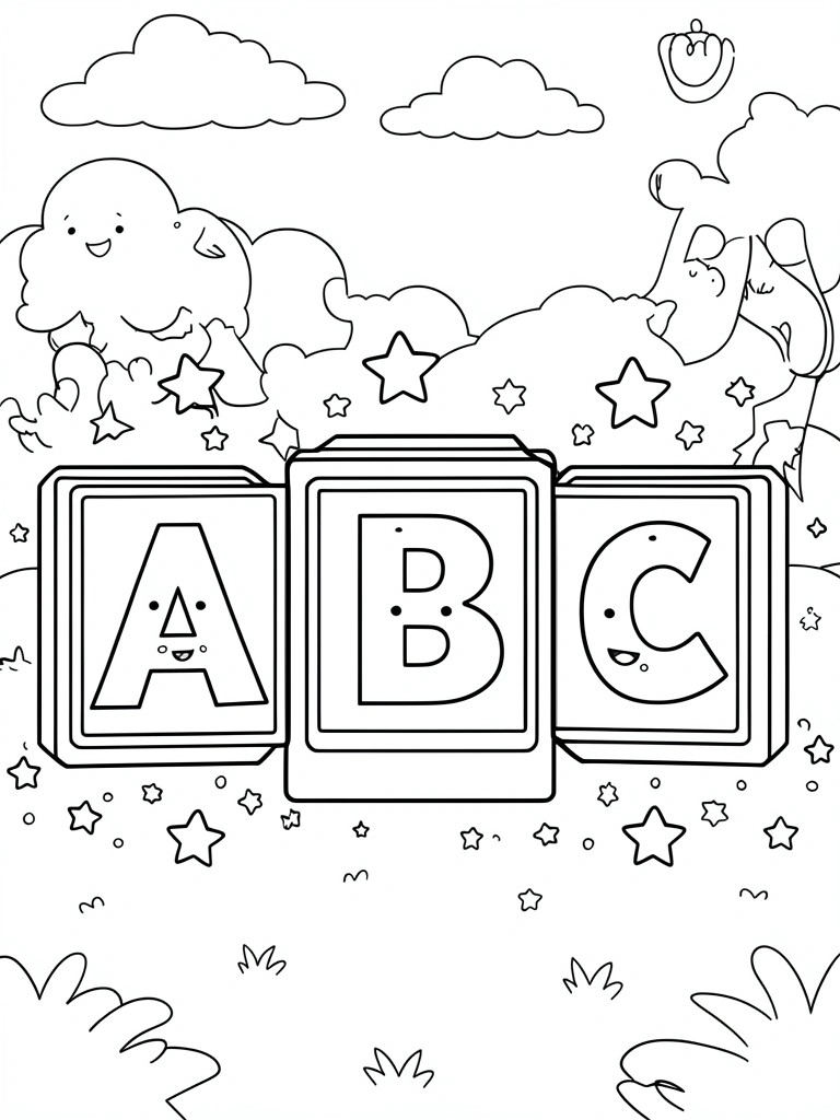 A coloring page with three blocks showing the letters A, B, and C, each with simple faces, set against clouds and stars.