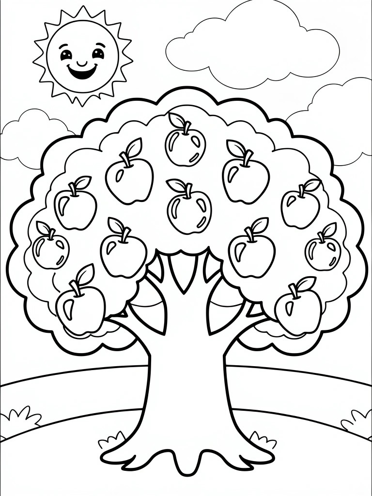 A black and white line drawing of an apple tree filled with apples, a smiling sun in the corner, clouds overhead, and grass along the ground.