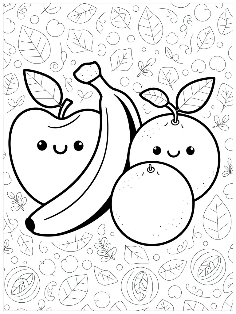 A black and white coloring page shows an apple, banana, and orange with cute faces surrounded by leaves and small fruit shapes.