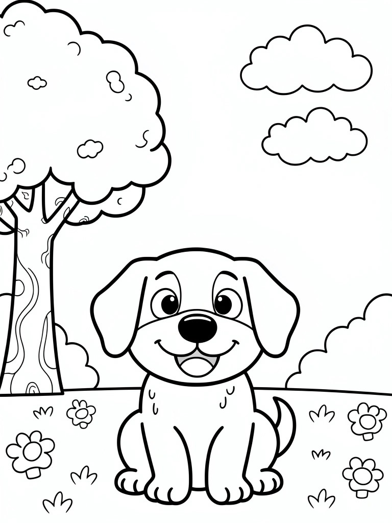 Black-and-white cartoon puppy sitting among flowers with tree and clouds