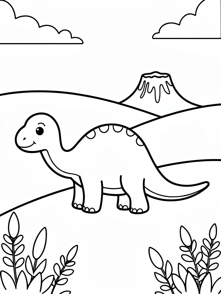 Coloring page of a cute cartoon dinosaur near a volcano with plants and clouds.