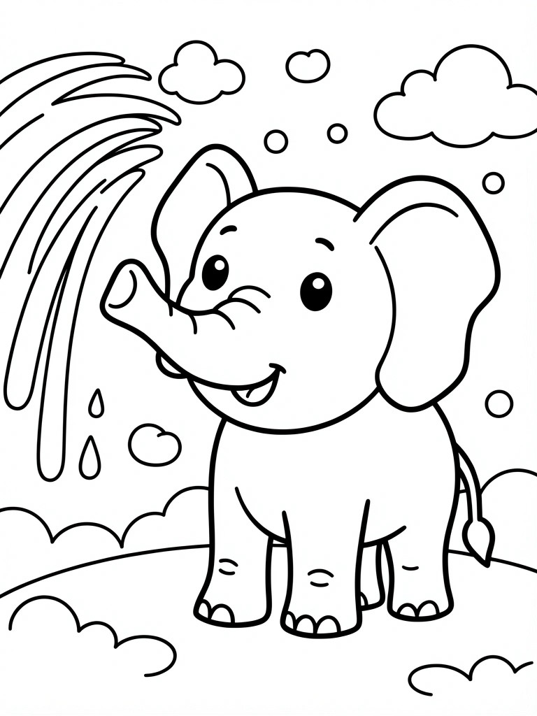 Cute cartoon elephant spraying water from trunk amid clouds and raindrops.