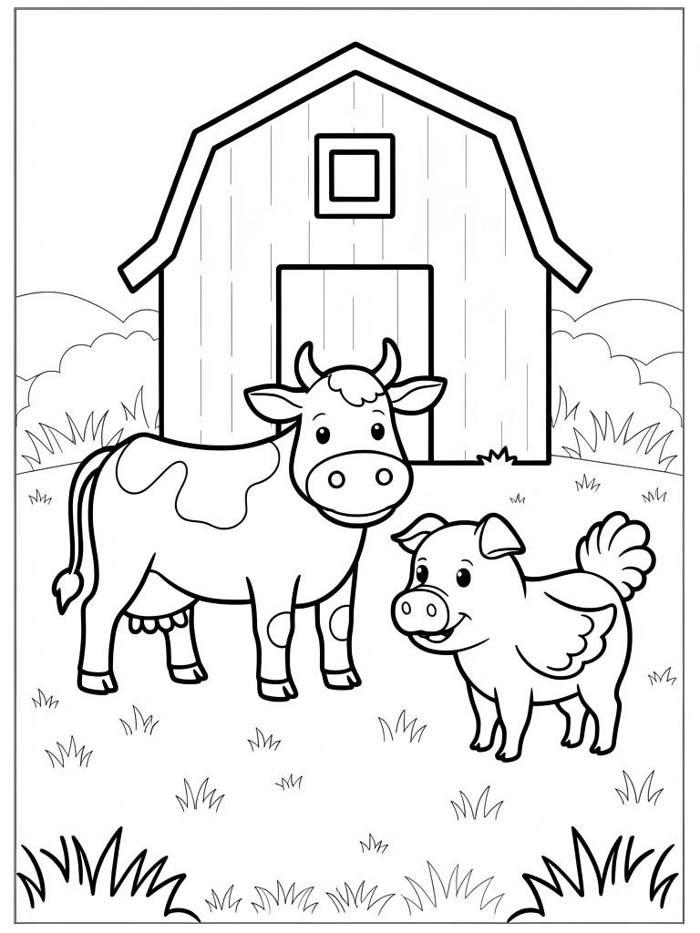 Coloring page of cow and pig standing in front of a barn.