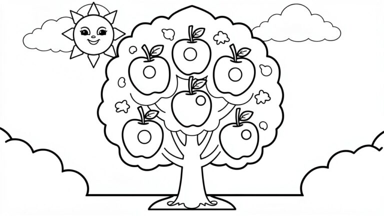 A black and white line drawing of an apple tree filled with apples, a smiling sun in the corner, clouds overhead, and grass along the ground.