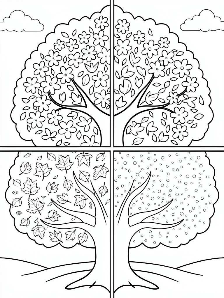 Four-panel line art of trees with flowers, leaves, and snow dots.