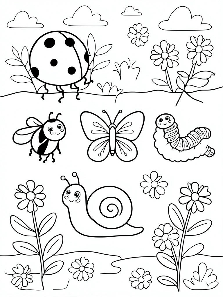 A black and white coloring page with a ladybug, bee, butterfly, caterpillar, snail, and various flowers and clouds in simple line art.
