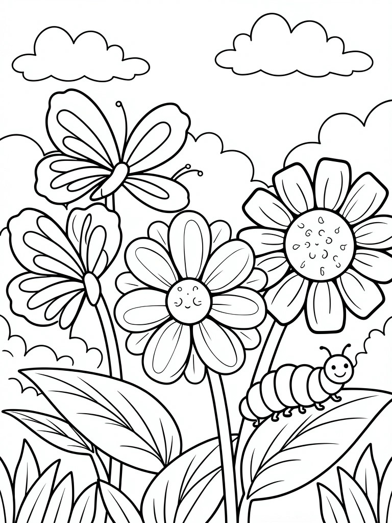 Coloring book scene with smiling flowers, butterfly, caterpillar, and clouds.