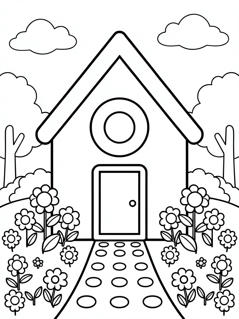 A simple line drawing of a house with a door, circular window, flowers on both sides, a stone path leading to the door, trees, and clouds.