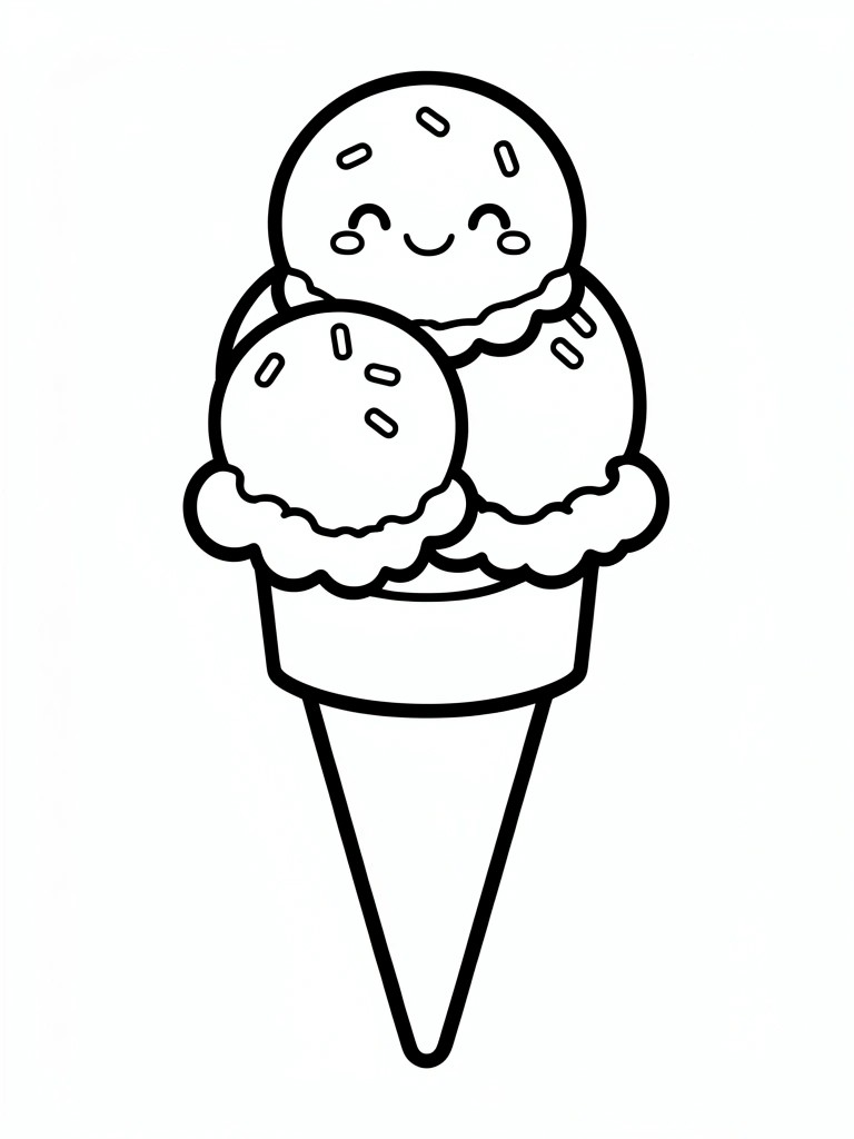 A black and white line drawing of a three-scoop ice cream cone with a face on the top scoop.