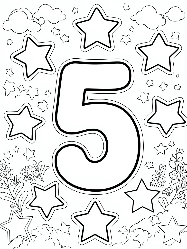 Large number 5 amid stars, clouds, and plants in coloring page style.