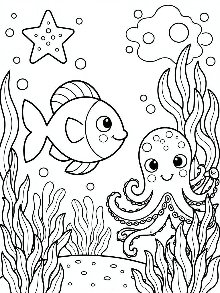 A black and white line drawing of a fish and an octopus underwater with seaweed, a starfish, and bubbles.