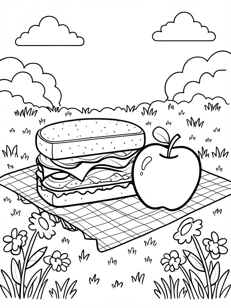 Coloring page of sandwich and apple on checkered blanket amid grass, flowers and clouds.