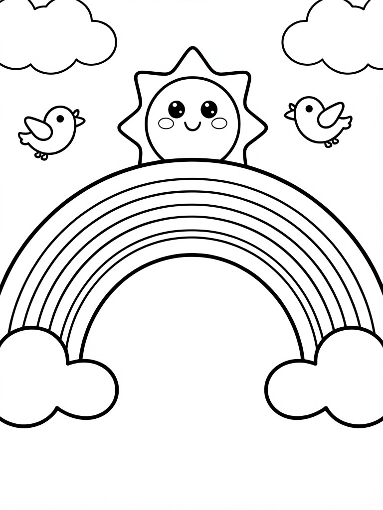 Coloring page with smiling sun, two birds, rainbow, and clouds