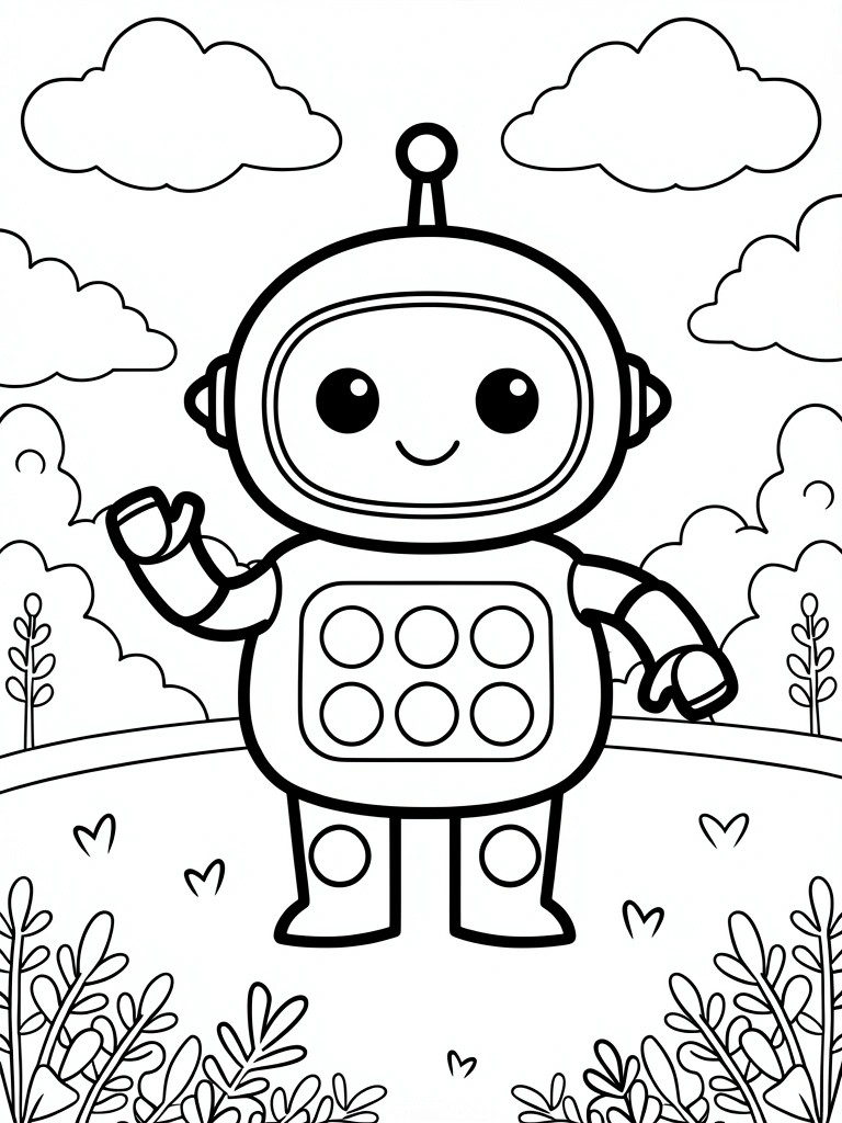 Cartoon robot waving in a landscape with clouds, plants, and hearts
