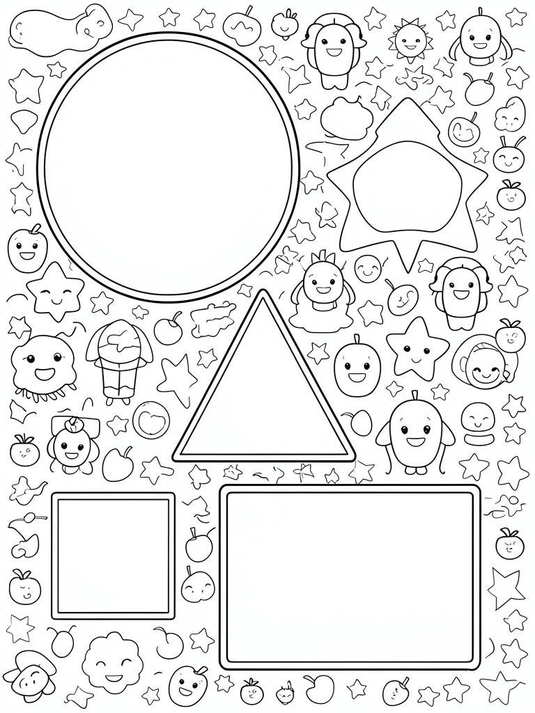 A coloring page with large empty shapes including a circle, star, triangle, square, and rectangle, surrounded by small cute drawings of stars, apples, suns, and smiling characters.