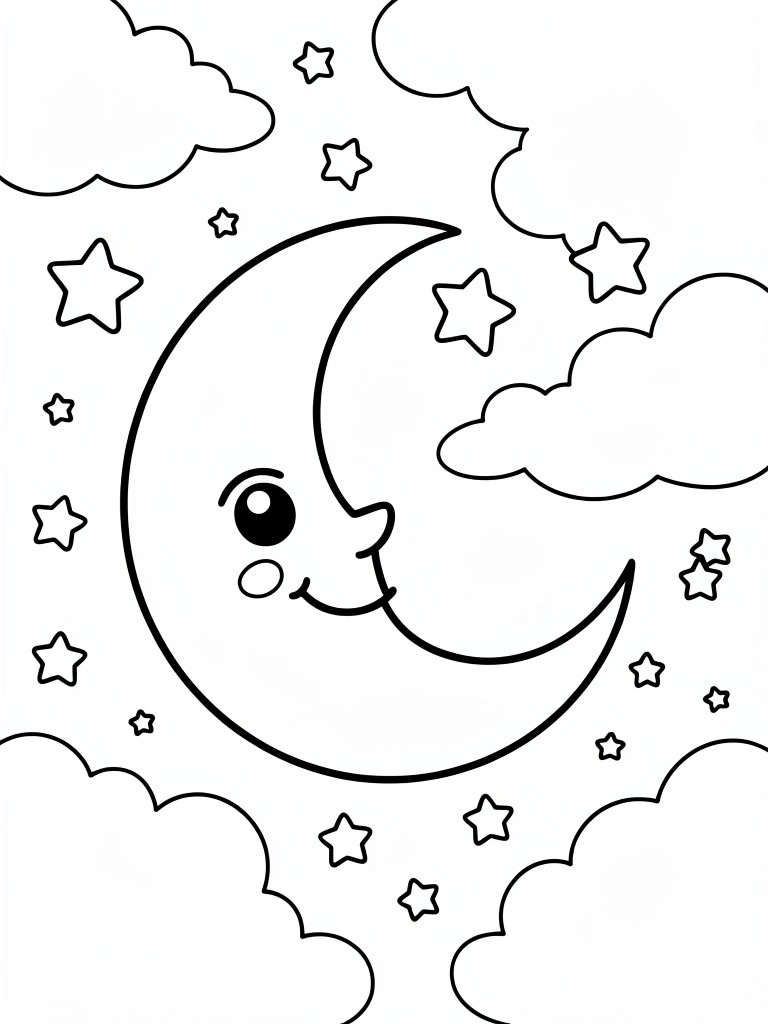 Cheerful cartoon crescent moon with smiling face amid stars and clouds
