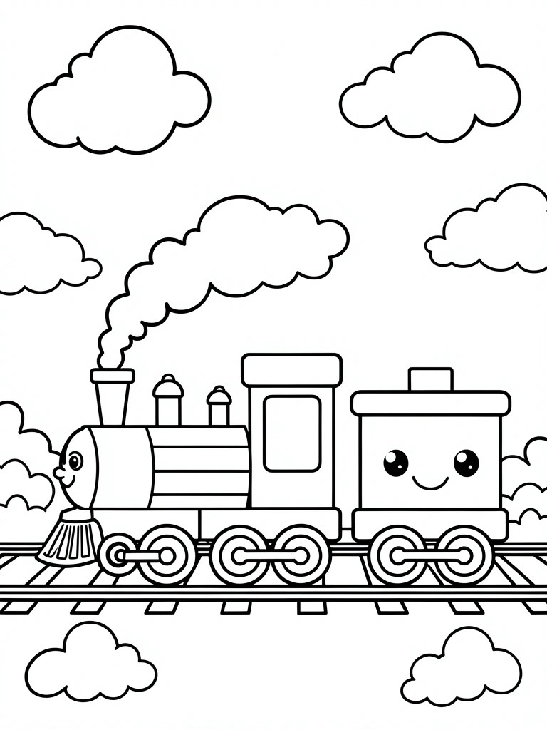 Black-and-white cartoon train with faces on tracks under clouds coloring page