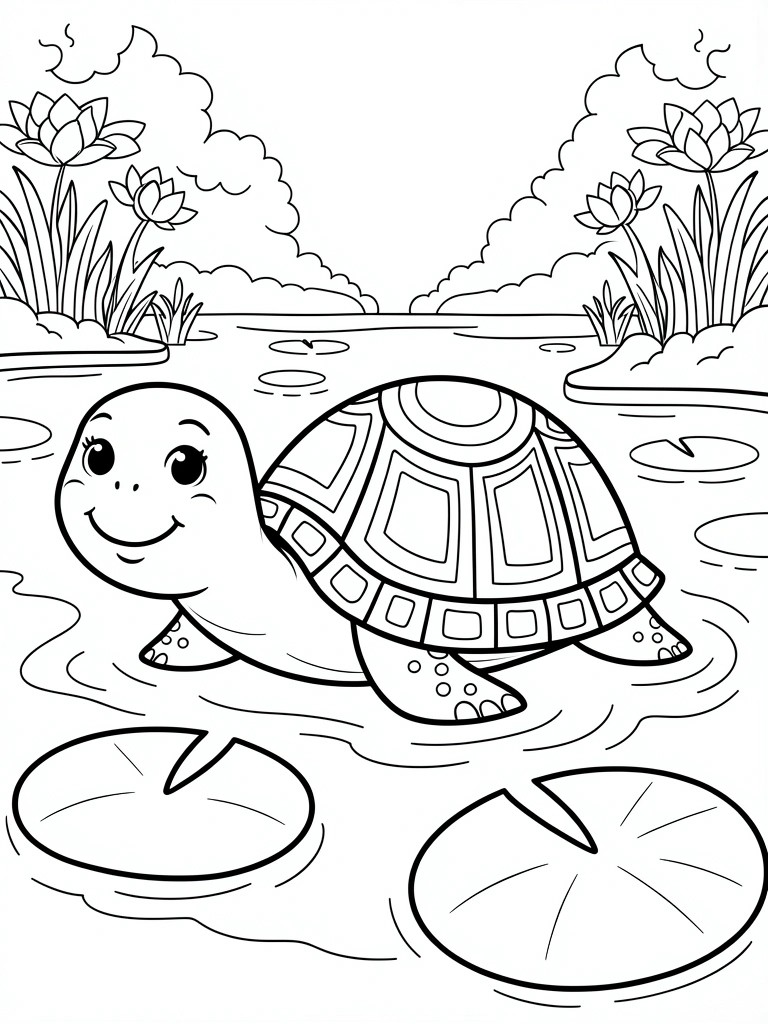 A black and white line drawing shows a cartoon turtle swimming in a pond surrounded by lily pads and lotus flowers.