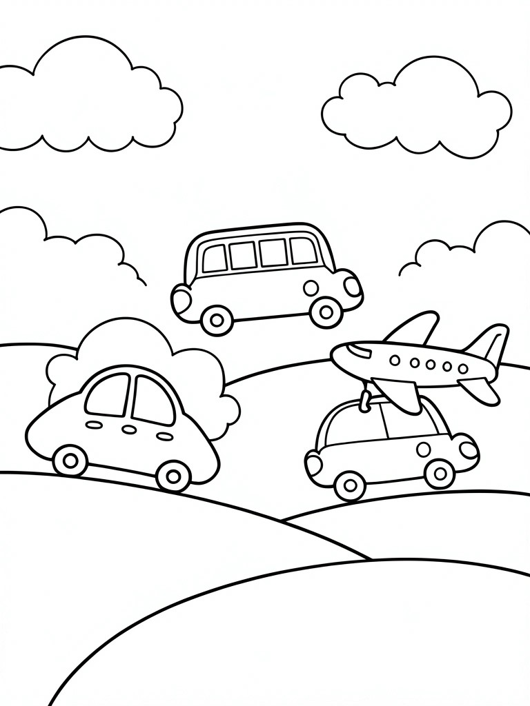 A black and white line drawing of multiple cars, a van, and an airplane with clouds and hills.