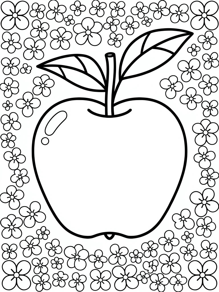 Large apple with stem and leaves amid many flower outlines in black and white.