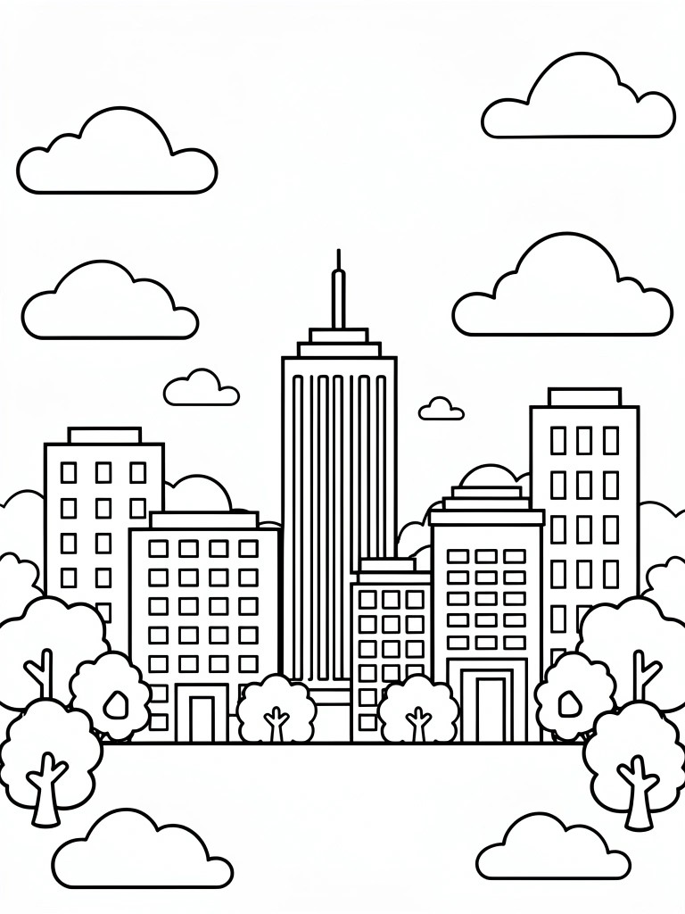A black and white line drawing of a city skyline with multiple buildings, trees in the foreground, and clouds in the sky.