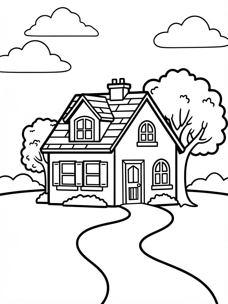 A black and white line drawing of a two-story house with a chimney, trees on both sides, clouds, bushes, and a winding path leading to the front door.