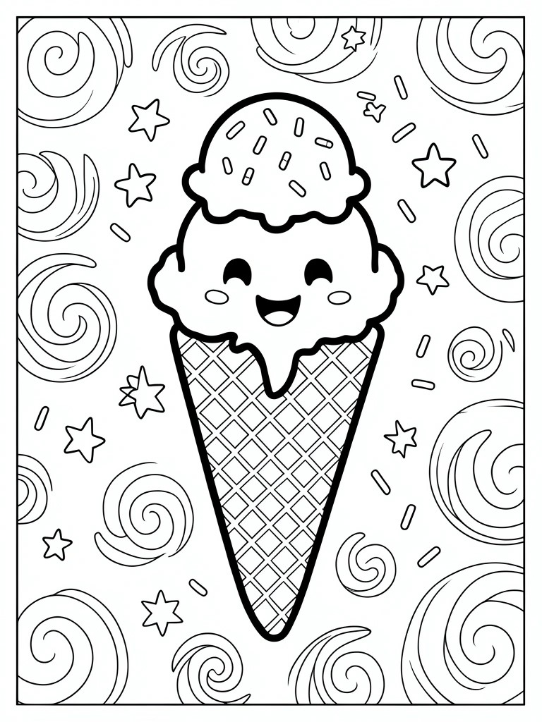 Smiling kawaii ice cream cone with sprinkles on waffle cone amid stars and swirls