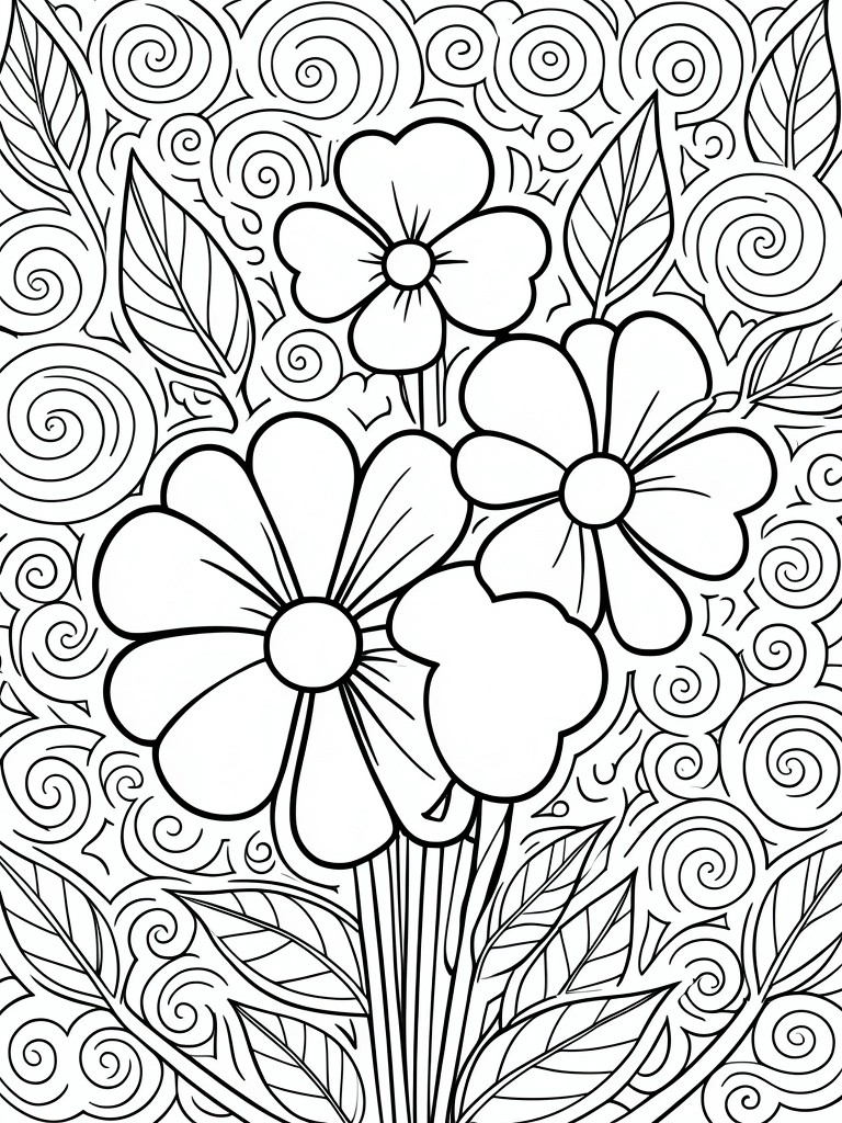 Coloring page of large flowers, leaves, and swirling patterns in black lines.