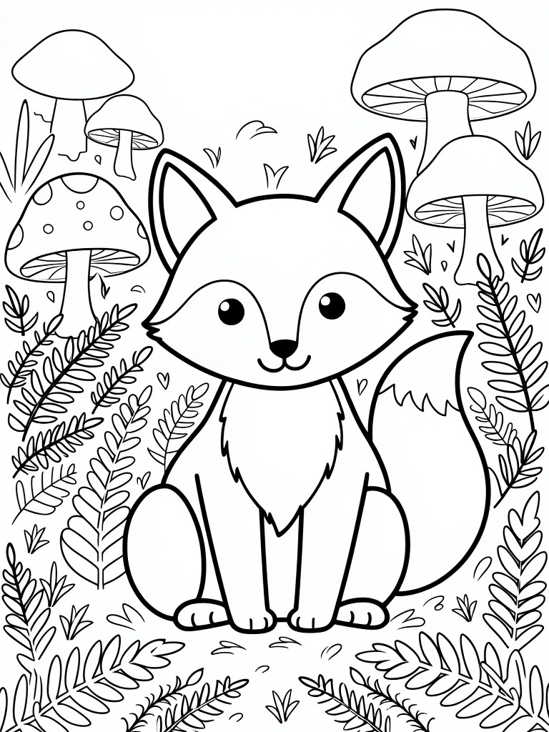 A black and white line drawing shows a cartoon fox sitting upright in the center with large mushrooms, ferns, and leaves around it.