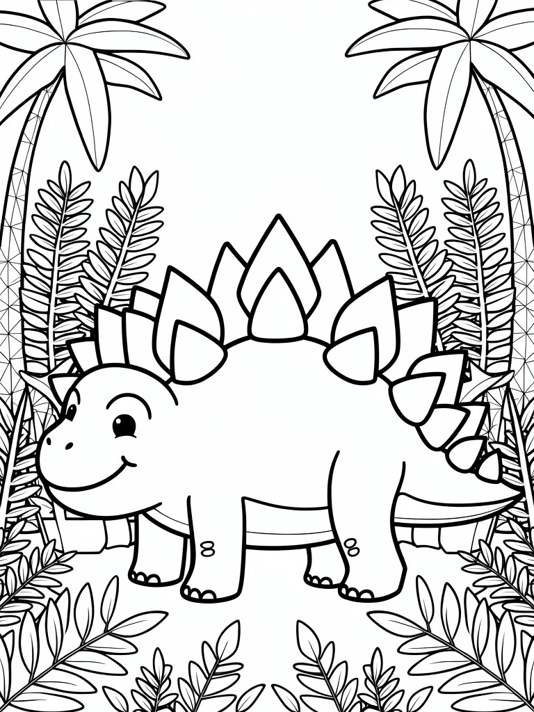 A black and white line drawing of a cute stegosaurus dinosaur standing among palm trees and ferns in a jungle scene.