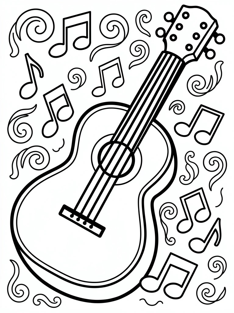 A black and white line drawing of an acoustic guitar surrounded by musical notes and decorative swirls.