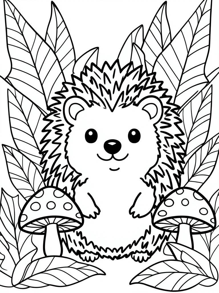 A black and white line drawing of a cute hedgehog standing between two spotted mushrooms, surrounded by large leaves.