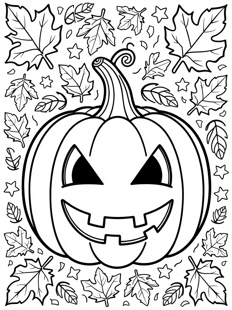 A black and white coloring page showing a jack-o'-lantern pumpkin with autumn leaves and stars around it.