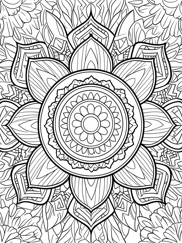 Intricate black-and-white mandala with layered floral petals and geometric patterns