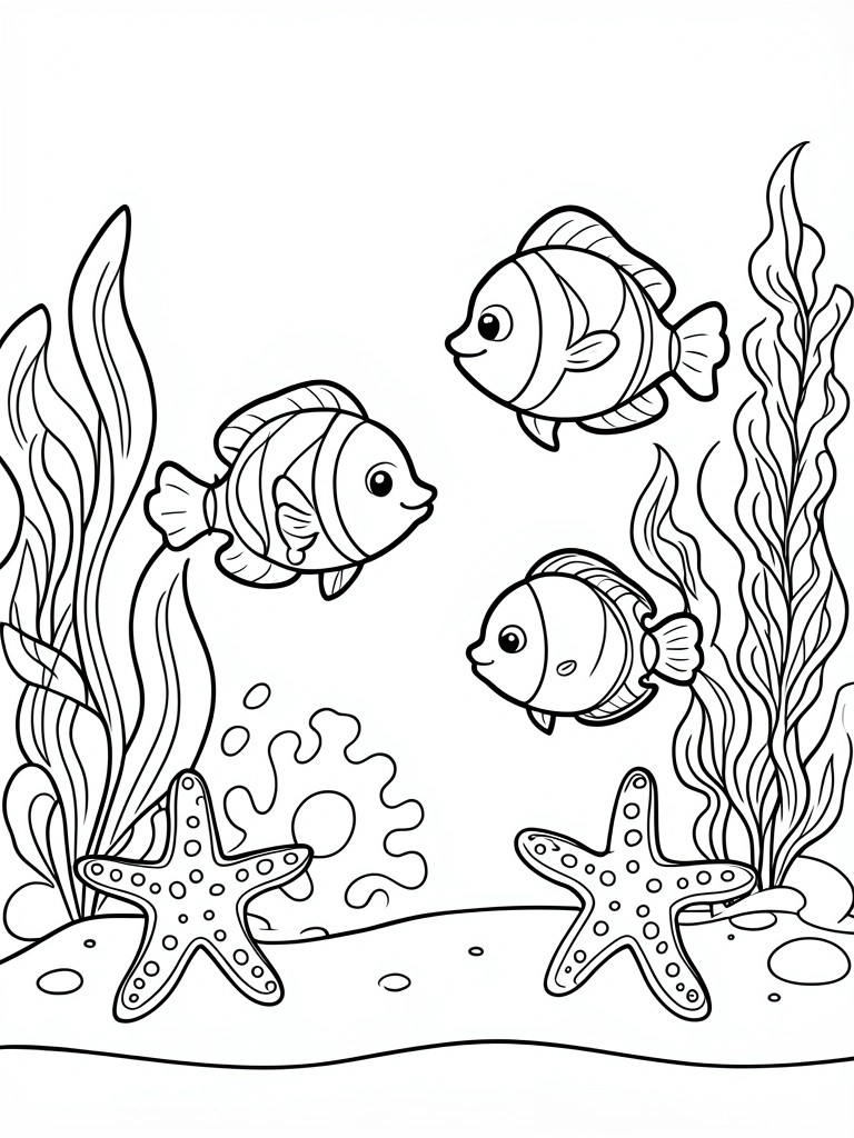 Three striped fish swim near starfish and seaweed in ocean coloring page.