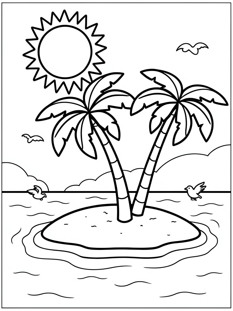A black and white line drawing of two palm trees on a small island in the ocean with a sun, birds, and clouds.