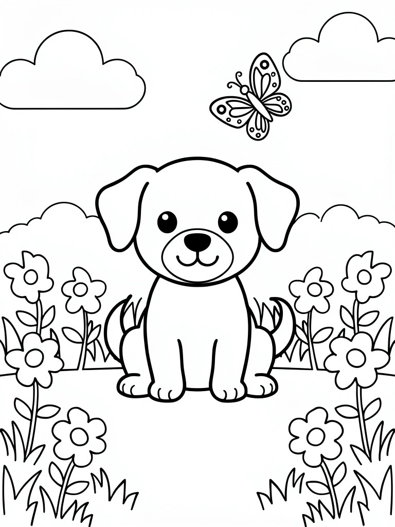 Cartoon puppy sitting among flowers with a butterfly and clouds above.