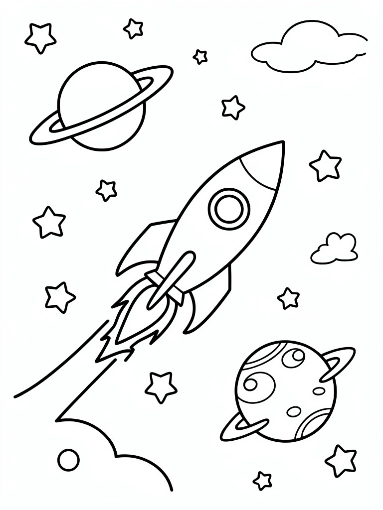 Coloring page of rocket launching past planets, stars, and clouds in space