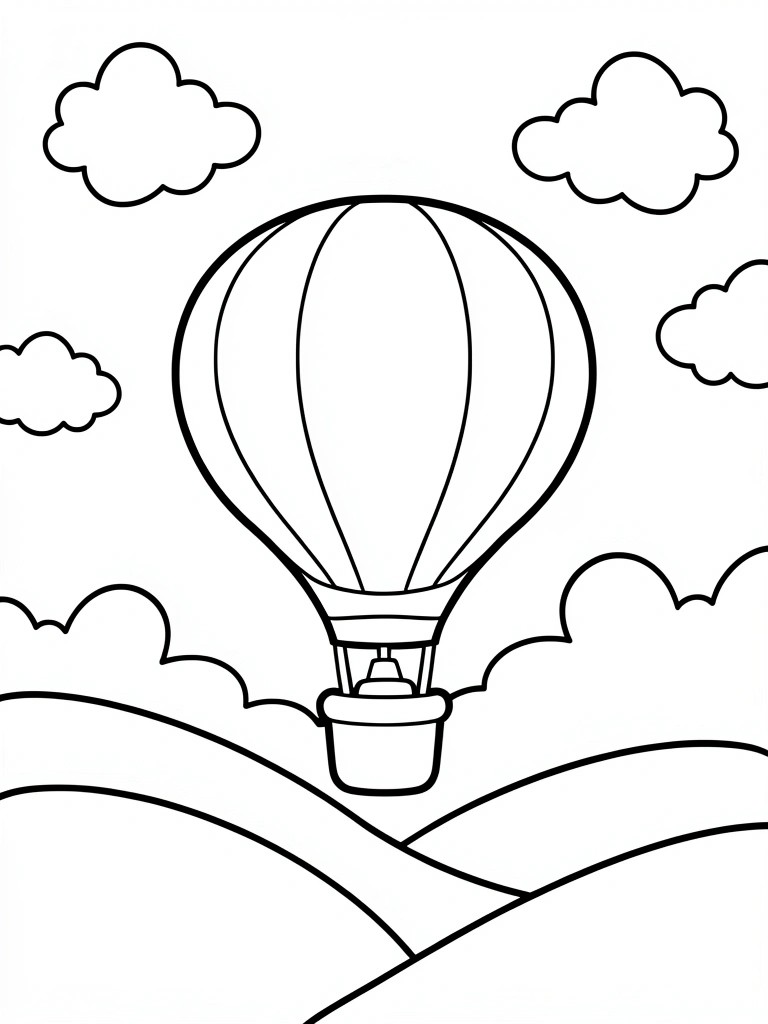 Hot air balloon floating over hills with clouds in the sky