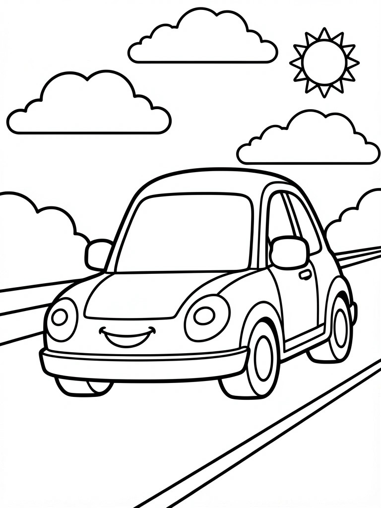 Black-and-white cartoon car with smile on road under sun and clouds