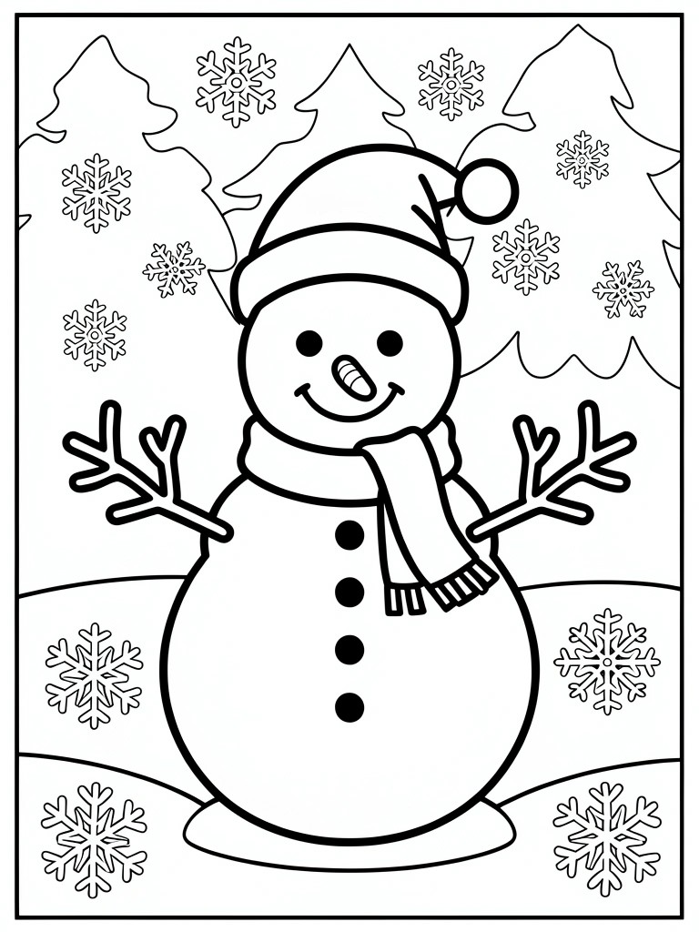 A coloring page of a snowman wearing a hat and scarf with stick arms, surrounded by snowflakes and trees.