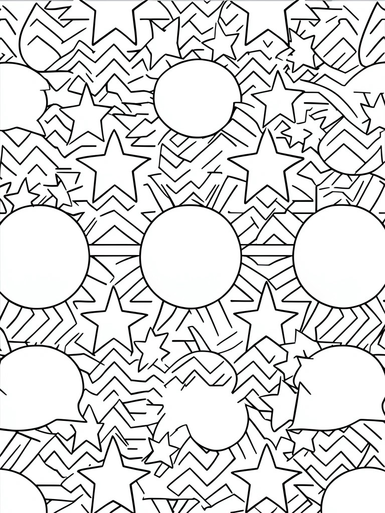 A black and white coloring page with large circles, stars of various sizes, and dense zigzag patterns covering the background.