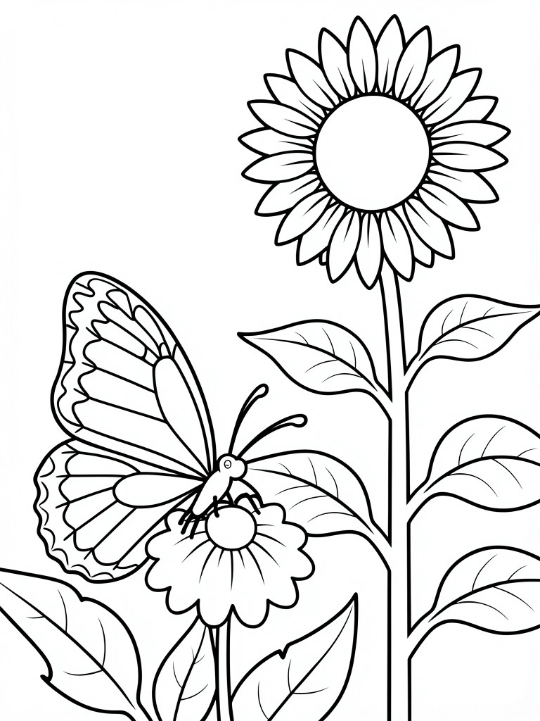 A black and white line drawing shows a large sunflower above a butterfly on a smaller flower with leaves along the stems.